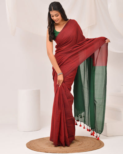 Handwoven Cotton Saree in Maroon & Green – Dual Tone | Everyday Classics