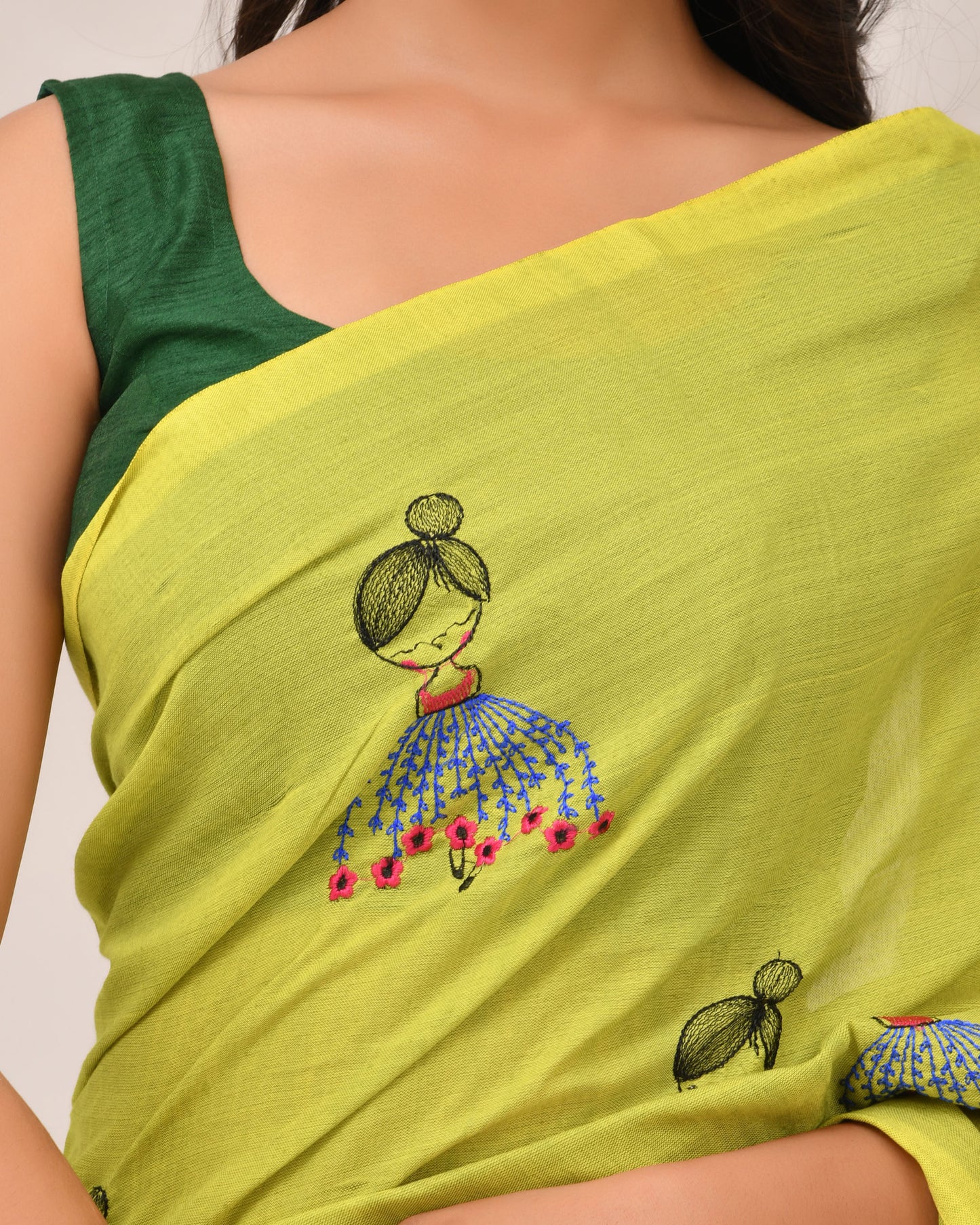 Cheerful Doll Embroidery Cotton Handloom Saree