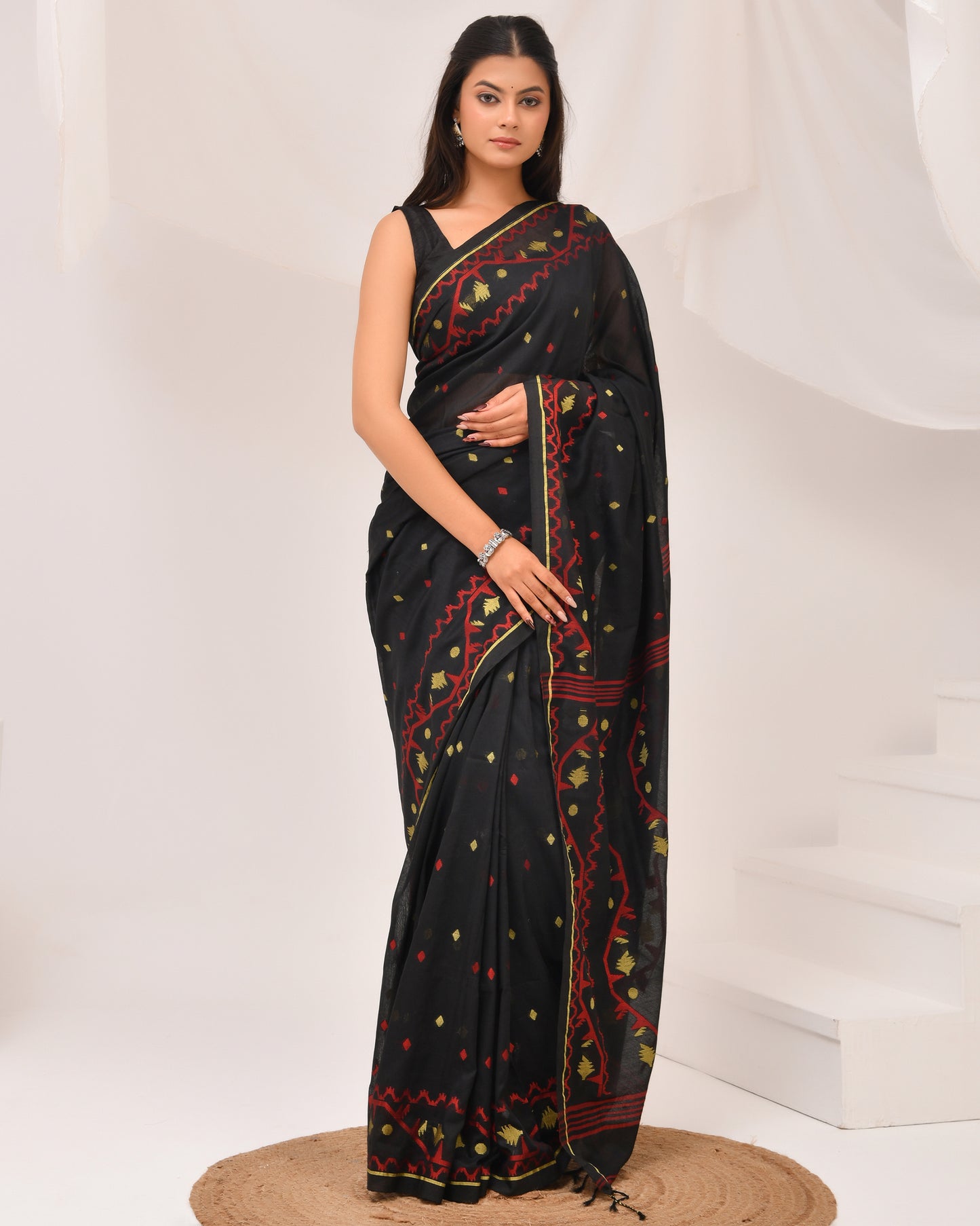 Black Cotton Jamdani Saree- Hand stitched Folk Motifs
