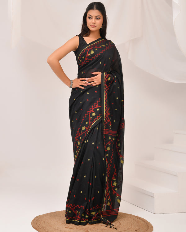 Black Cotton Jamdani Saree- Hand stitched Folk Motifs