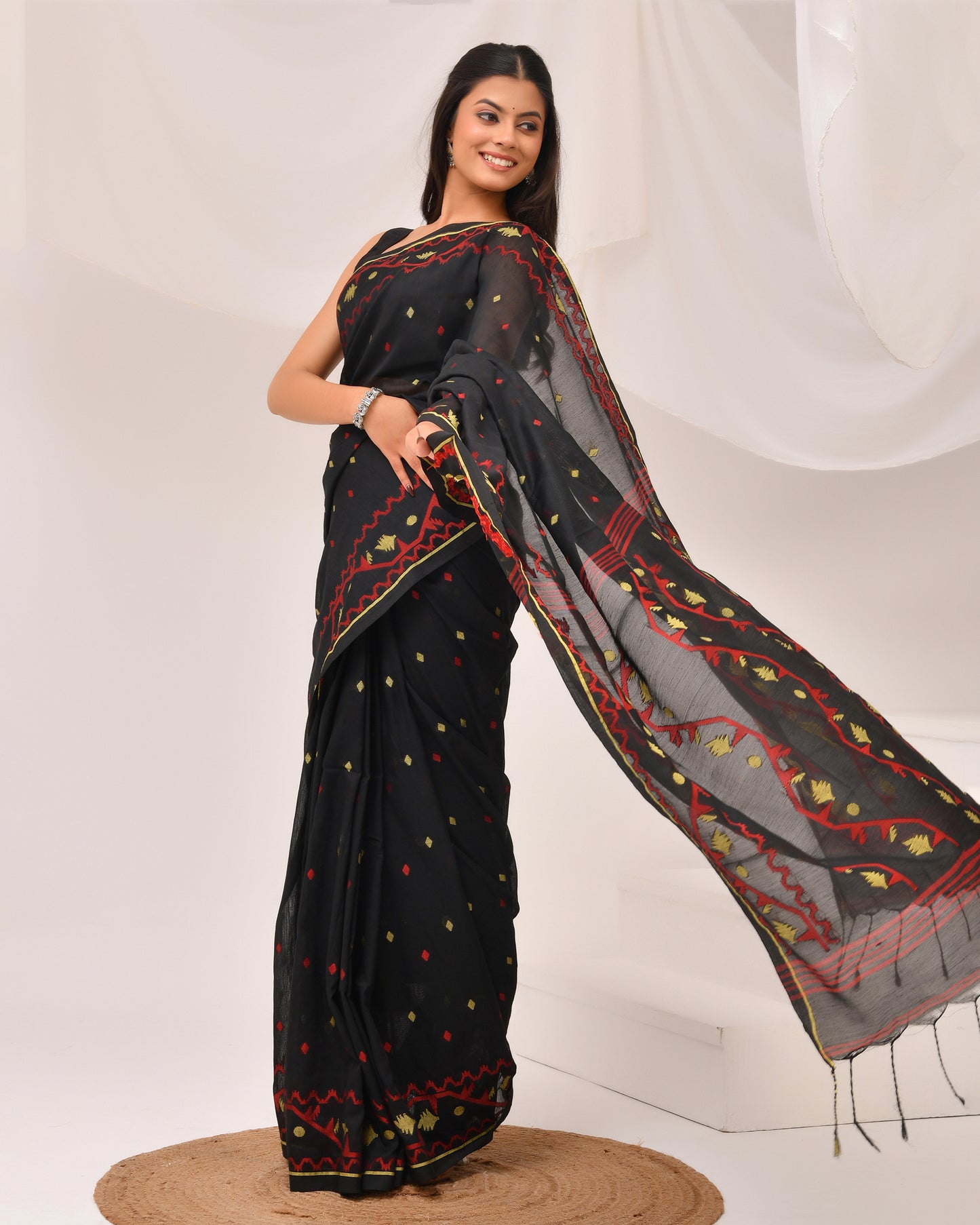 Black Cotton Jamdani Saree- Hand stitched Folk Motifs