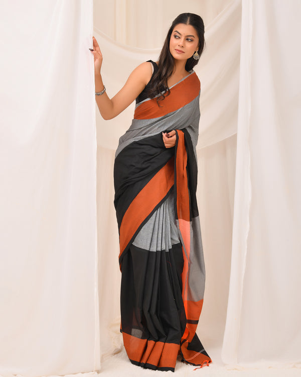 Dhrubo Handloom Cotton Saree in Dual Tone Black & Steel Gray | Everyday Classics