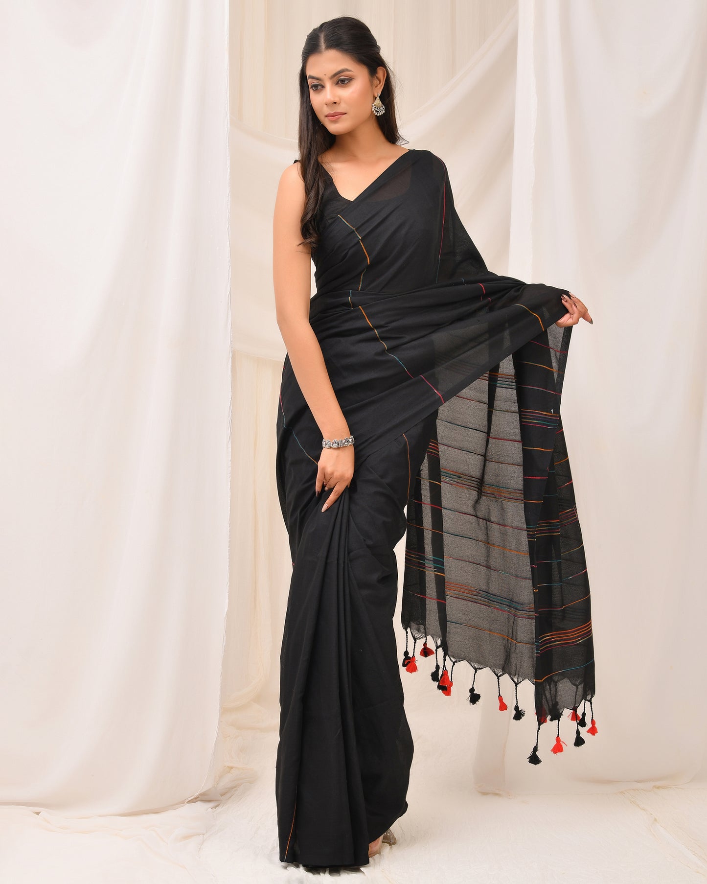 Minimalist Black Handloom Cotton Saree with Multi-Color Loom Stripe Pallu