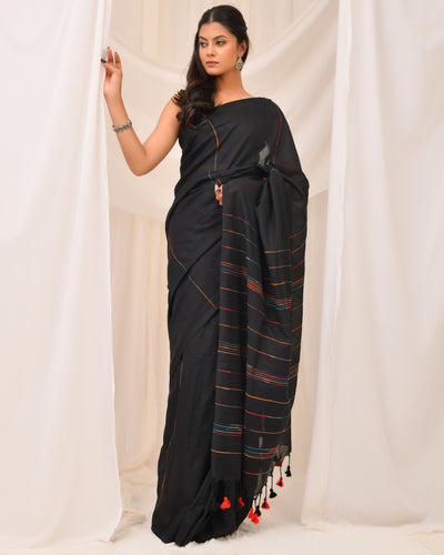 Minimalist Black Handloom Cotton Saree with Multi-Color Loom Stripe Pallu