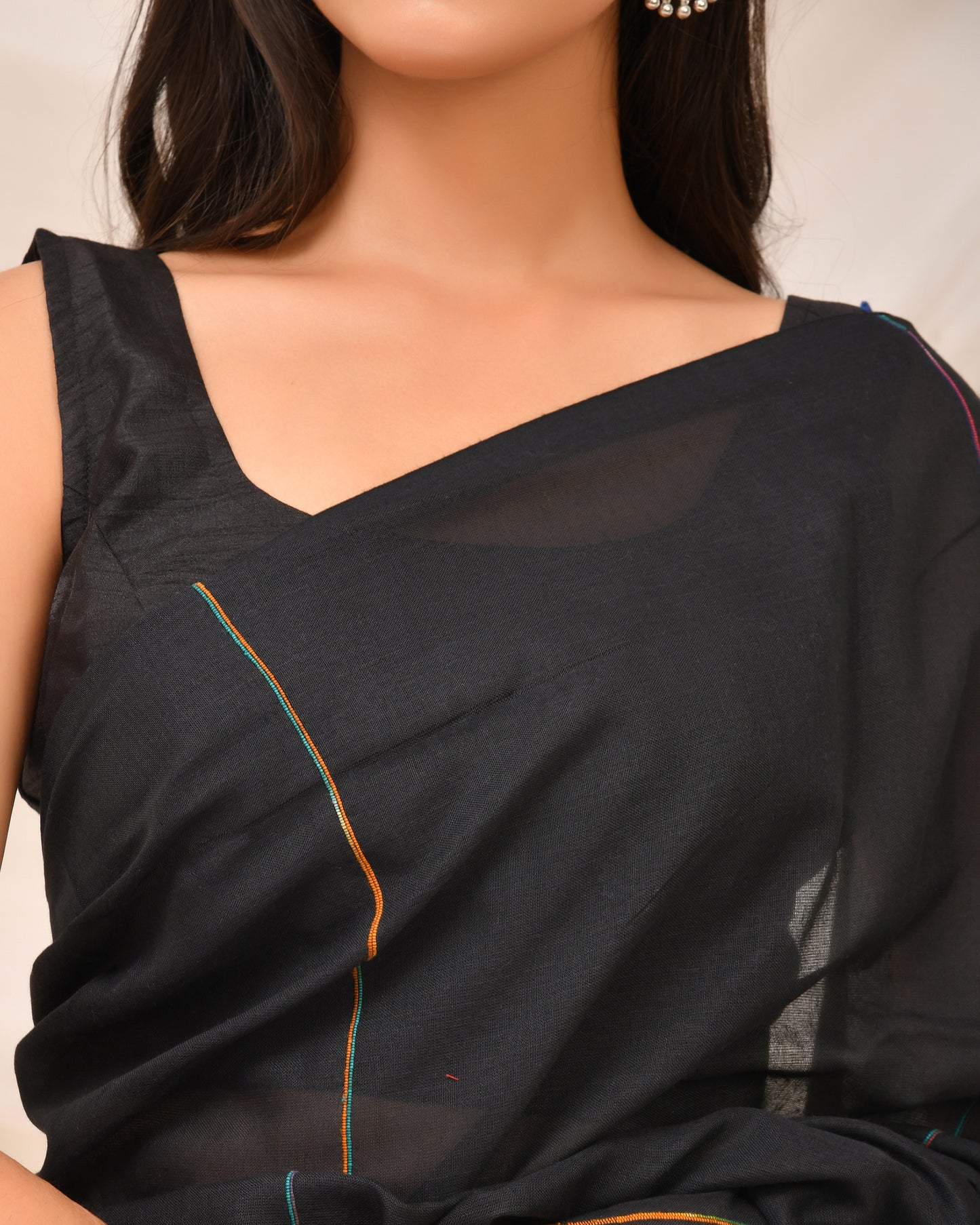 Minimalist Black Handloom Cotton Saree with Multi-Color Loom Stripe Pallu