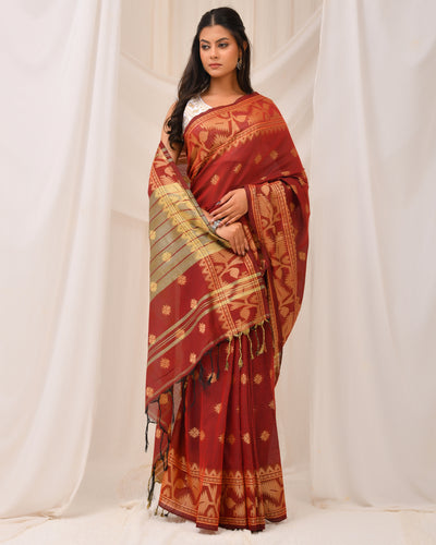 Red Lotus Jamdani Handloom Saree with Deep Zari Art