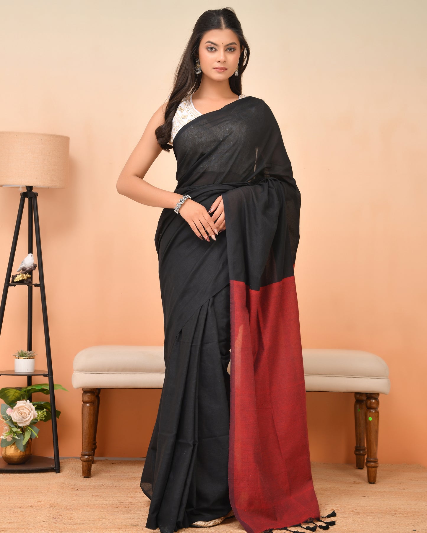 Bold Black & Red Cotton Handloom Saree