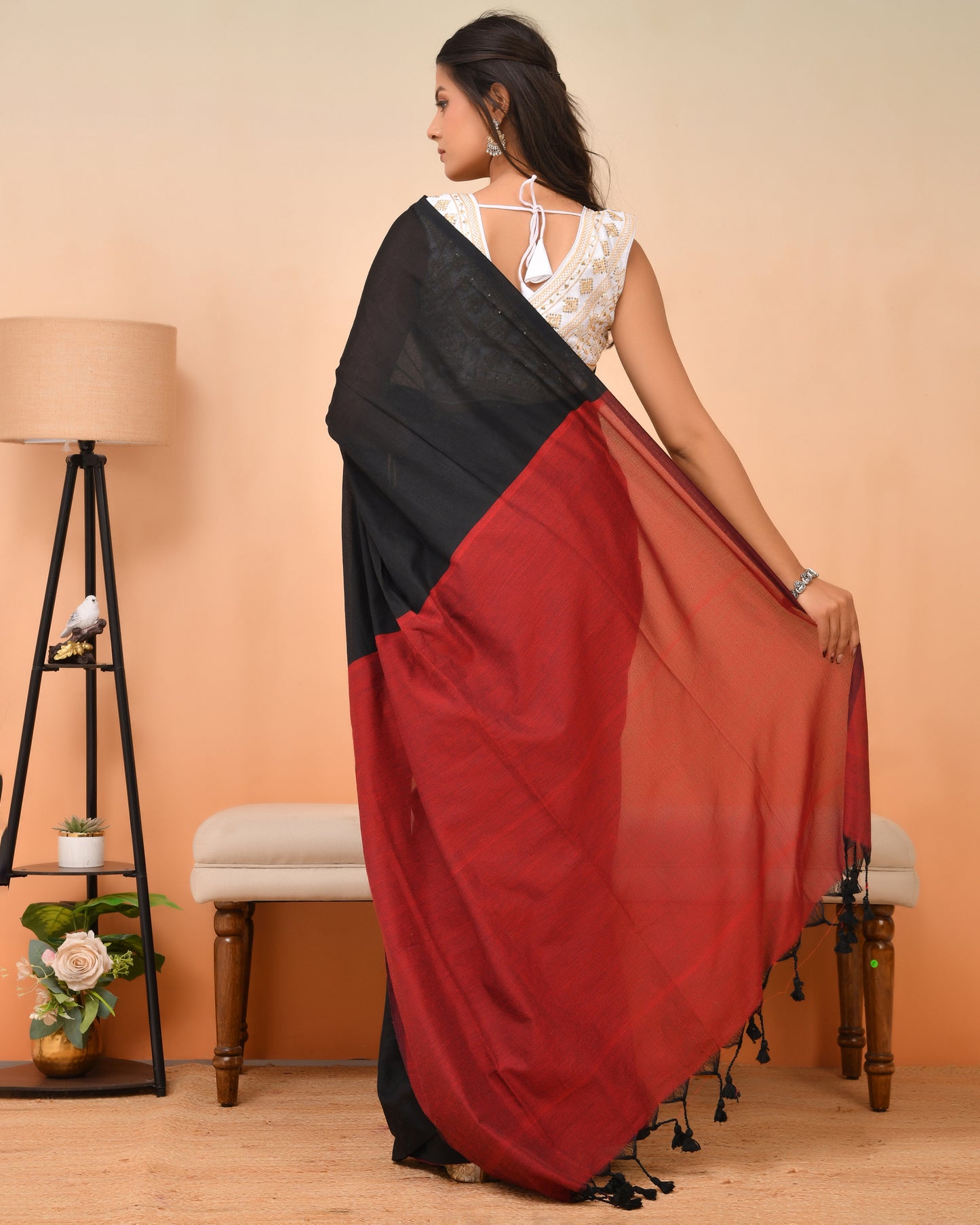 Bold Black & Red Cotton Handloom Saree