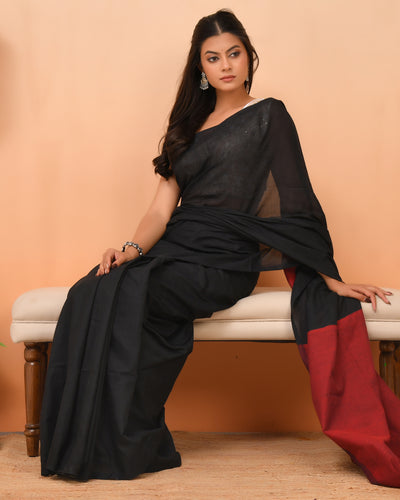 Bold Black & Red Cotton Handloom Saree