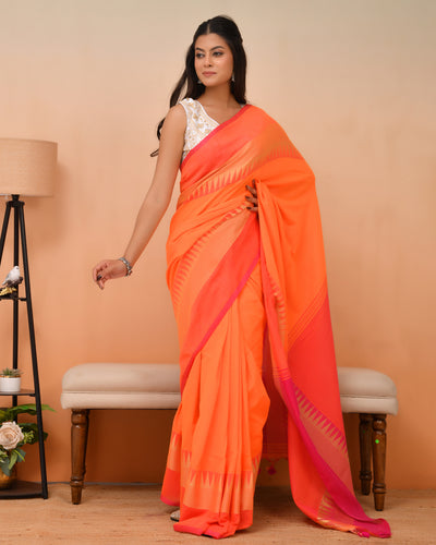 Luminous Orange Temple Cotton Saree -  Geometric Zari | Timeless Textures