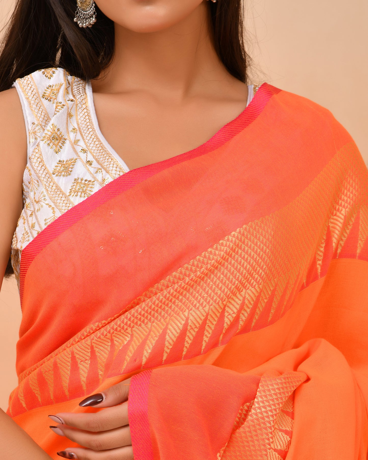 Luminous Orange Temple Cotton Saree - Geometric Zari | Timeless Textures