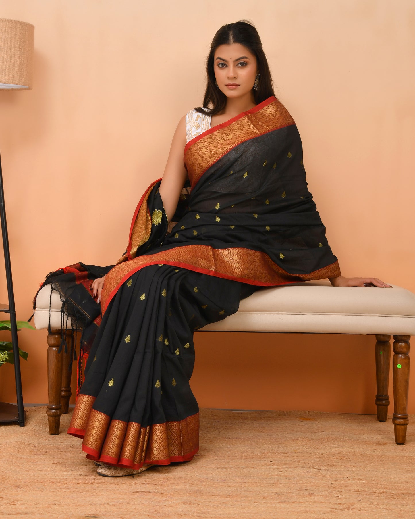 Tangail Cotton Silk Blend Saree in Black + Gold Zari | Queens in Wedding