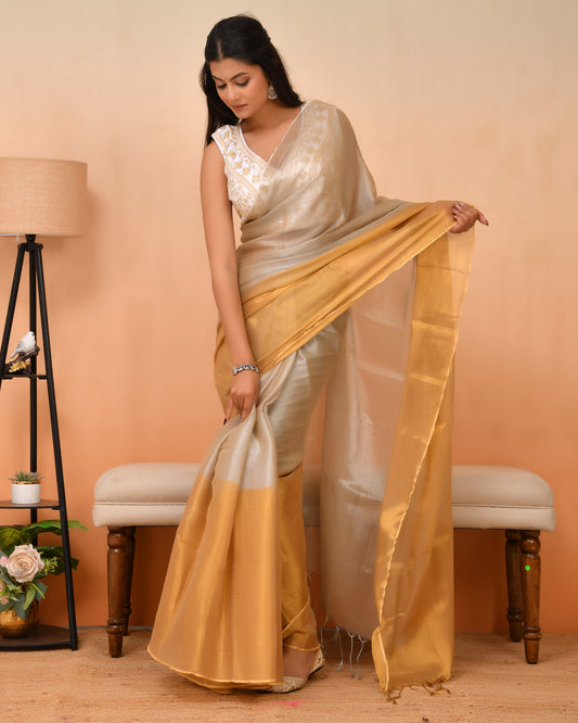 Tissue Silk Saree in Gold and Silver Tone | Festive Grace