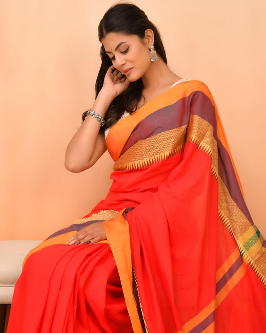 Authentic Shantipuri Cotton Saree in Gerua Orange | Festive Grace