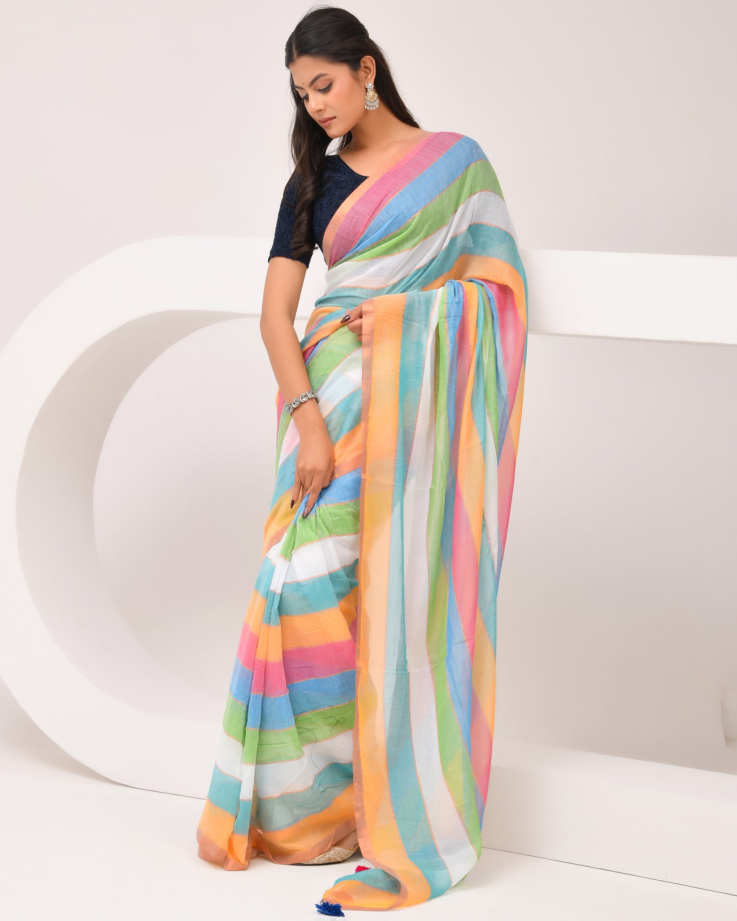Mulmul Handwoven Cotton Saree - Rainbow | Festive Grace