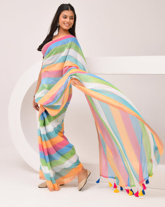 Mulmul Handwoven Cotton Saree - Rainbow | Festive Grace