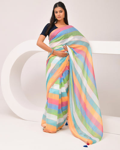 Mulmul Handwoven Cotton Saree - Rainbow | Festive Grace