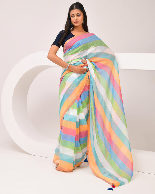 Mulmul Handwoven Cotton Saree - Rainbow | Festive Grace