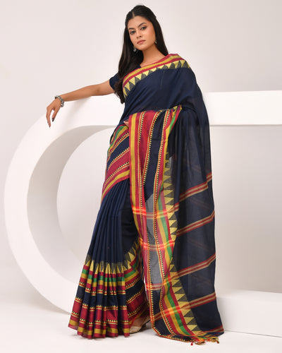 Mayuri Handloom Cotton Saree in Deep Blue | Festive Grace