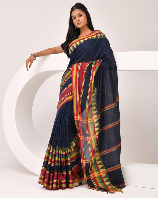 Mayuri Handloom Cotton Saree in Deep Blue | Festive Grace