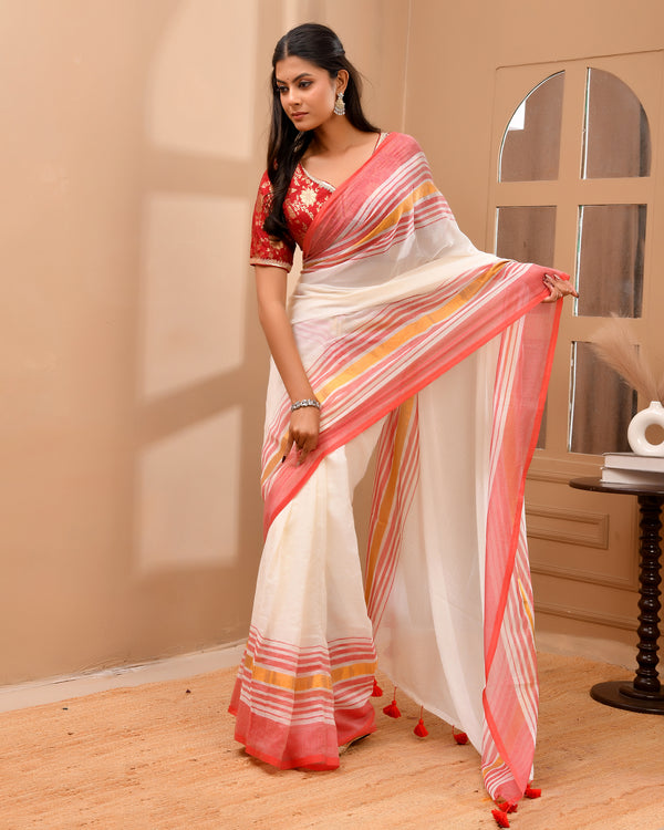 Festive White Cotton Handloom Saree with Mult-Stripe Pallu