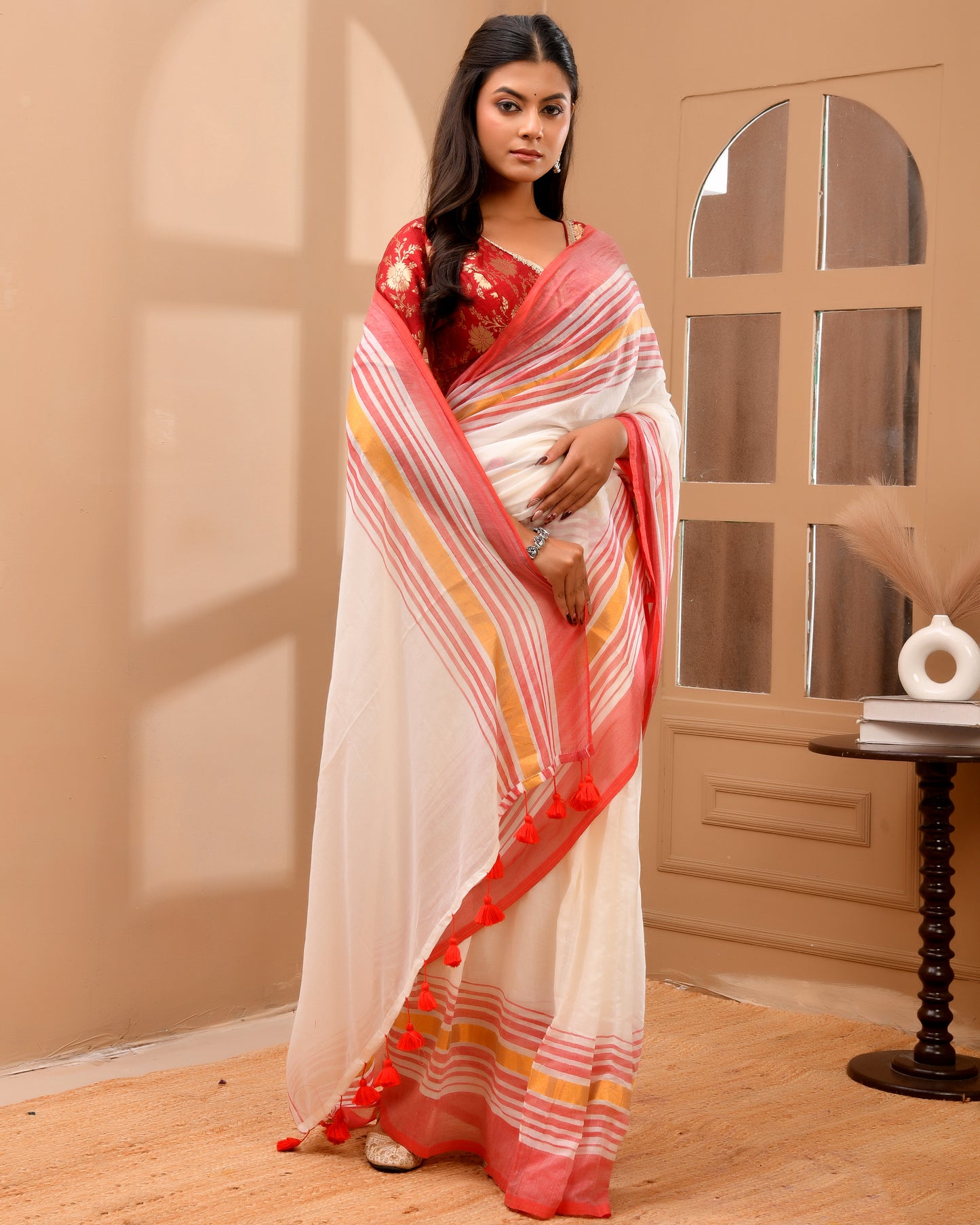 Festive White Cotton Handloom Saree with Mult-Stripe Pallu