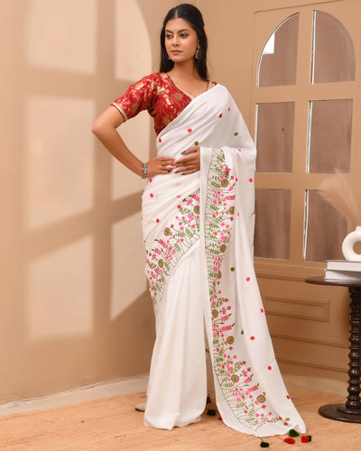 Floral Embroidery Cotton Handloom Saree