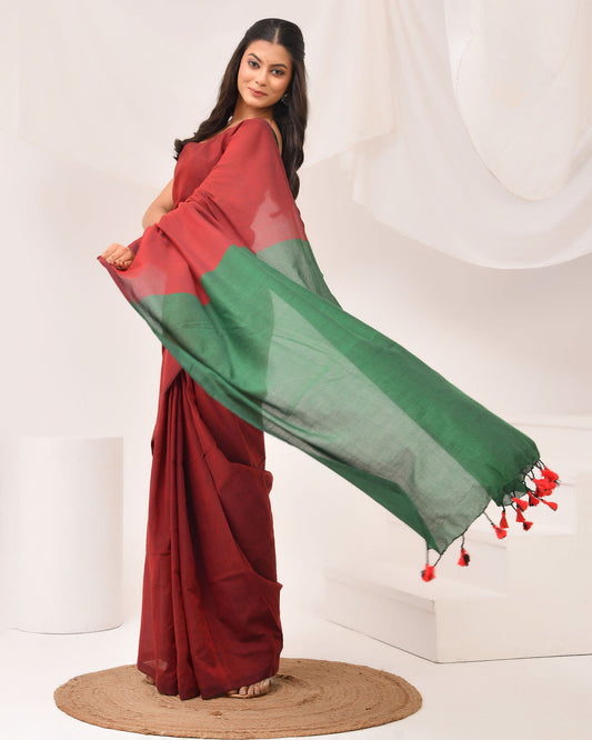 Handwoven Cotton Saree in Maroon & Green – Dual Tone | Everyday Classics