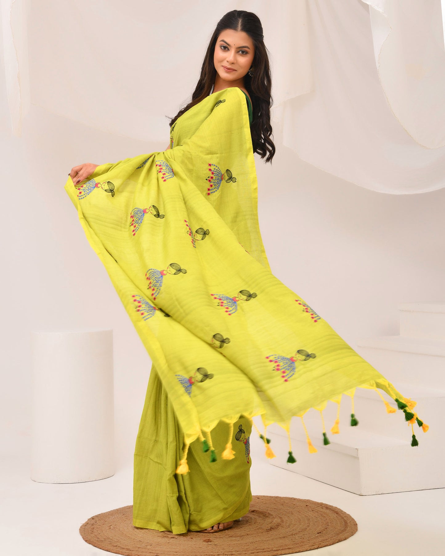 Cheerful Doll Embroidery Cotton Handloom Saree