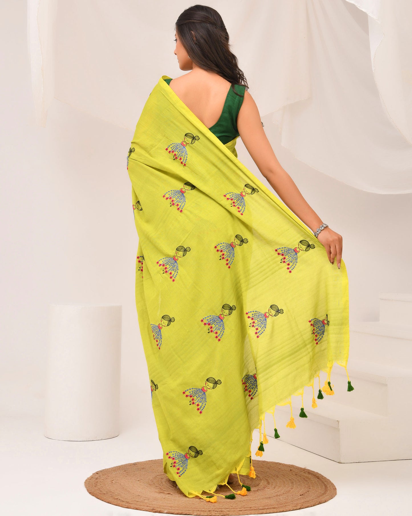 Cheerful Doll Embroidery Cotton Handloom Saree