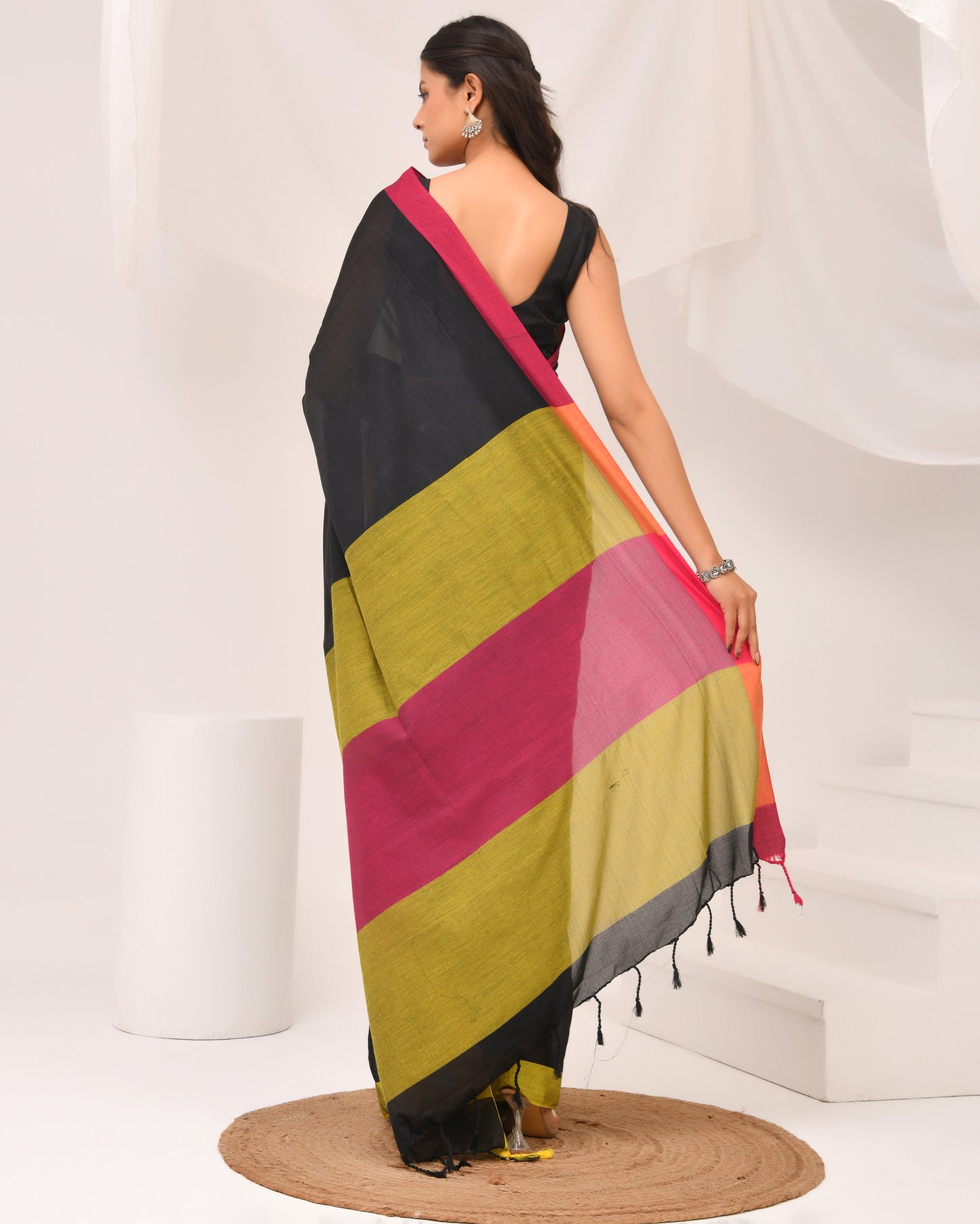 Rangin Deep Cotton Saree in Black, Pink & Mustard Yellow - Dual Tone | Festive Grace