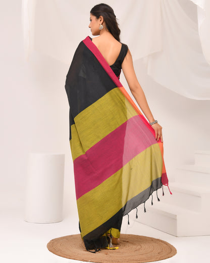 Rangin Deep Cotton Saree in Black, Pink & Mustard Yellow - Dual Tone | Festive Grace