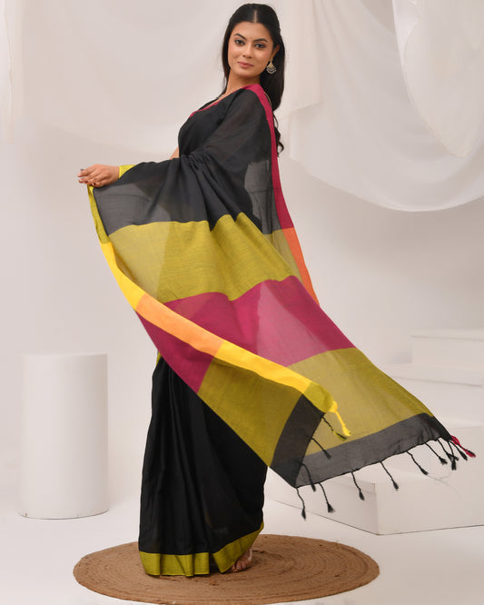Rangin Deep Cotton Saree in Black, Pink & Mustard Yellow - Dual Tone | Festive Grace