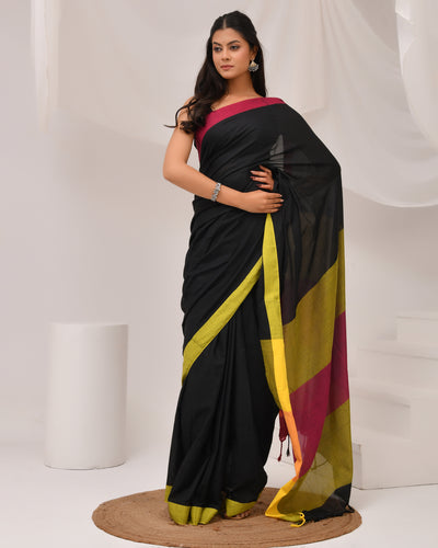 Rangin Deep Cotton Saree in Black, Pink & Mustard Yellow - Dual Tone | Festive Grace