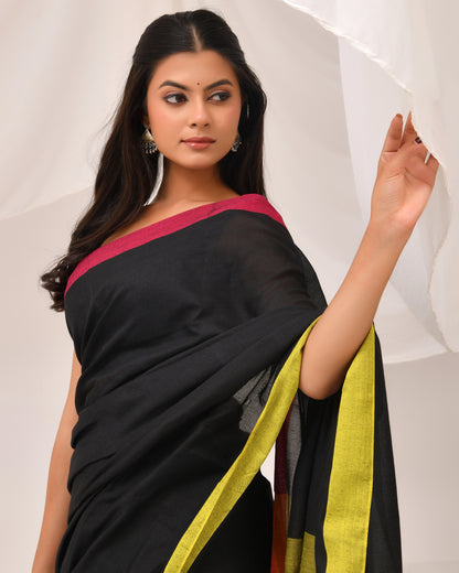 Rangin Deep Cotton Saree in Black, Pink & Mustard Yellow - Dual Tone | Festive Grace