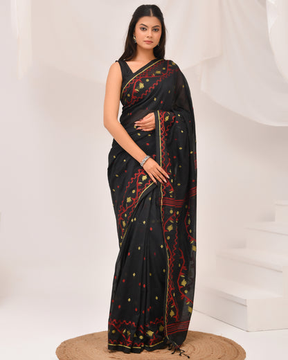 Black Cotton Jamdani Saree- Hand stitched Folk Motifs