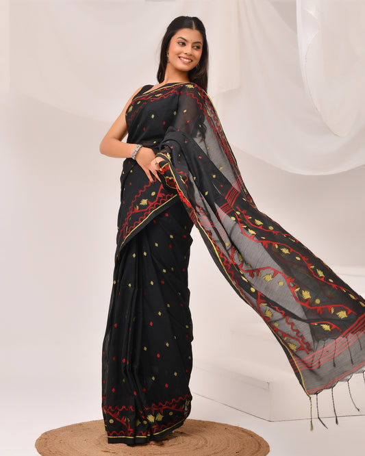 Black Cotton Jamdani Saree- Hand stitched Folk Motifs