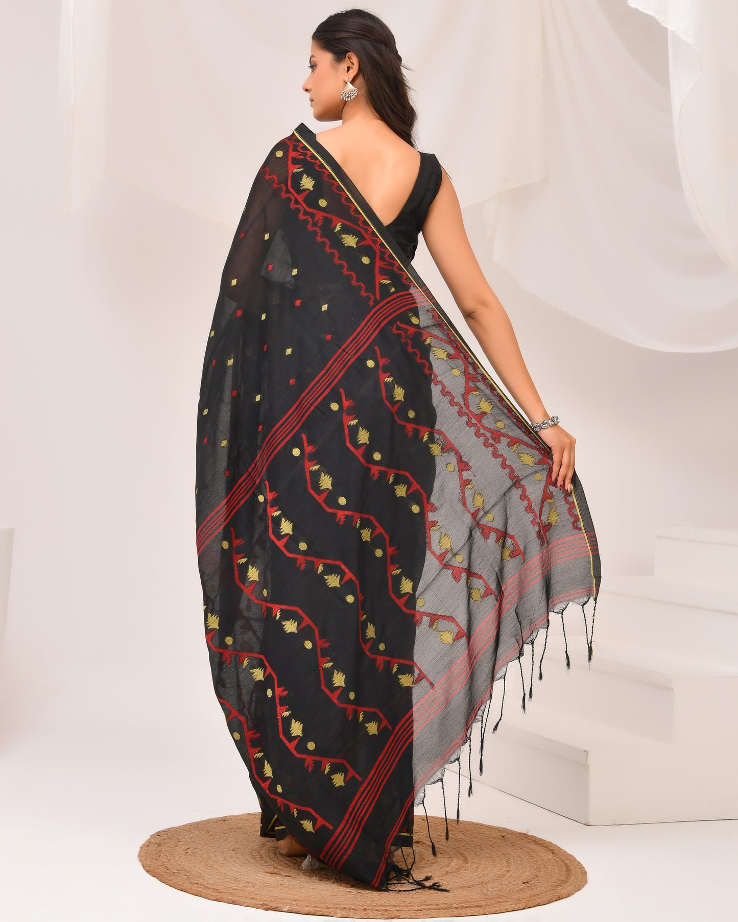 Black Cotton Jamdani Saree- Hand stitched Folk Motifs