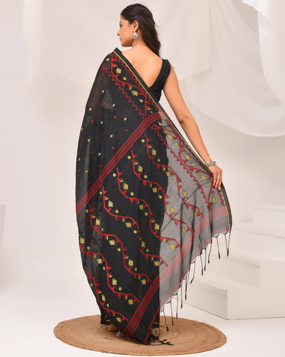 Black Cotton Jamdani Saree- Hand stitched Folk Motifs