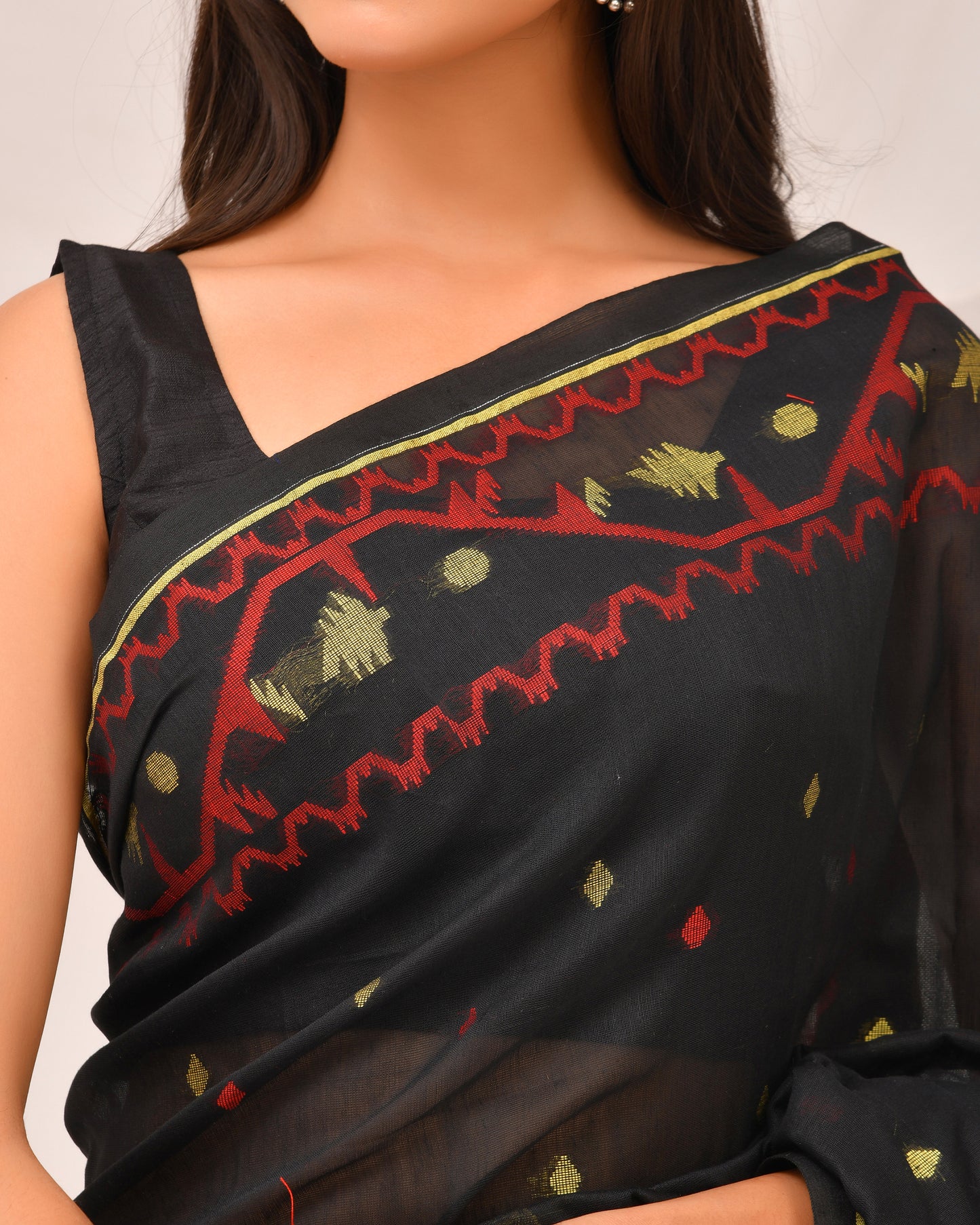 Black Cotton Jamdani Saree- Hand stitched Folk Motifs
