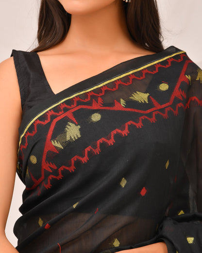 Black Cotton Jamdani Saree- Hand stitched Folk Motifs