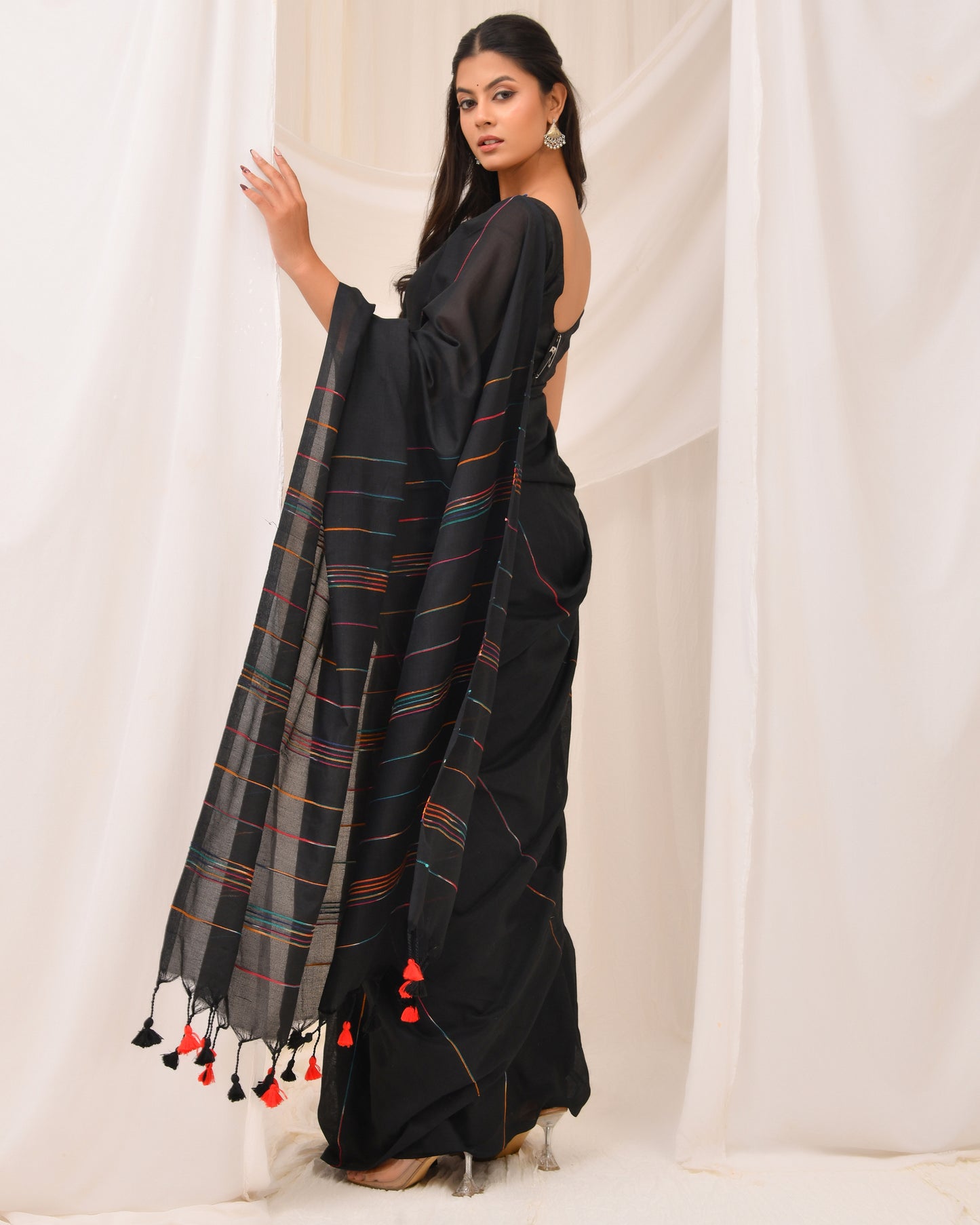 Minimalist Black Handloom Cotton Saree with Multi-Color Loom Stripe Pallu