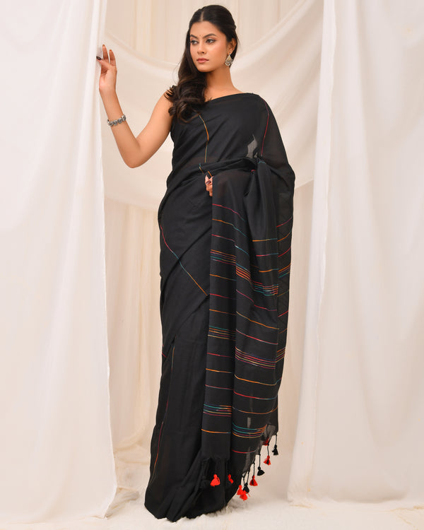 Minimalist Black Handloom Cotton Saree with Multi-Color Loom Stripe Pallu