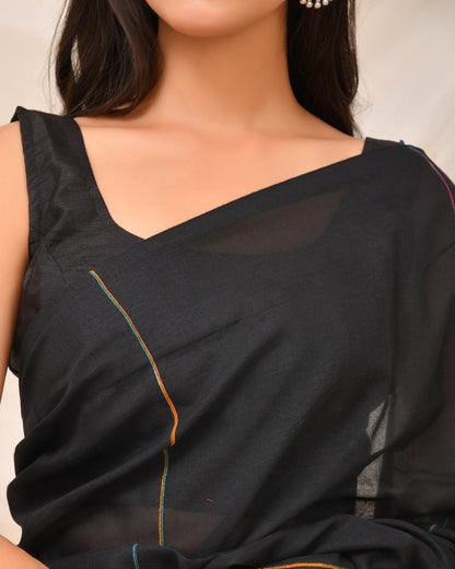 Minimalist Black Handloom Cotton Saree with Multi-Color Loom Stripe Pallu