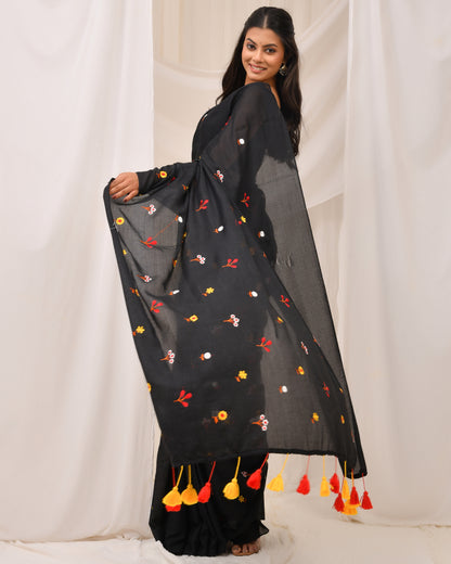 Black Floral Cotton Handloom Saree