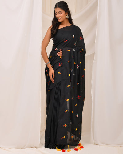 Black Floral Cotton Handloom Saree