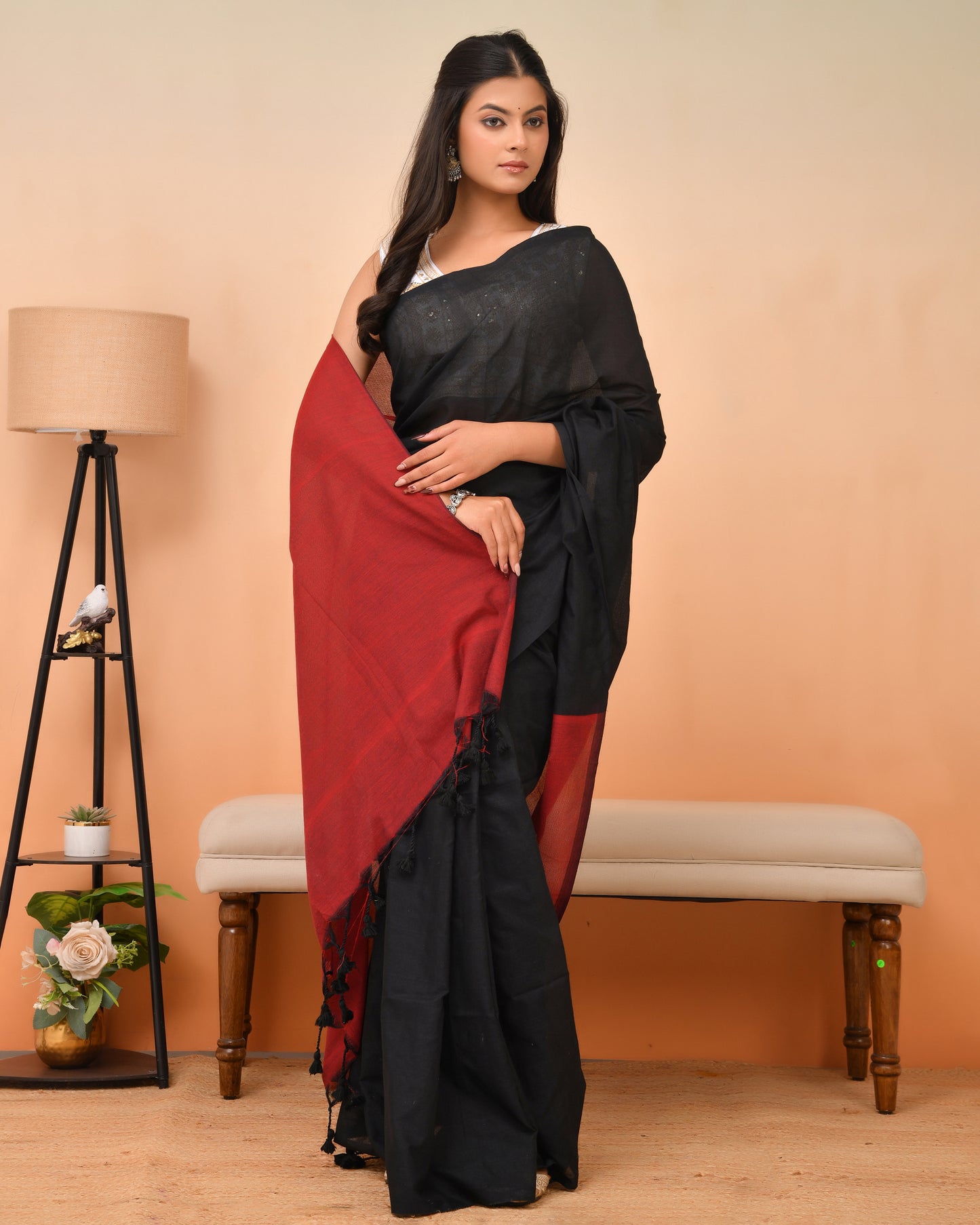Bold Black & Red Cotton Handloom Saree