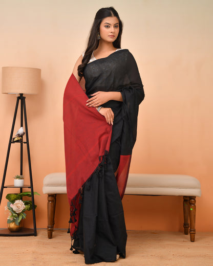 Bold Black & Red Cotton Handloom Saree