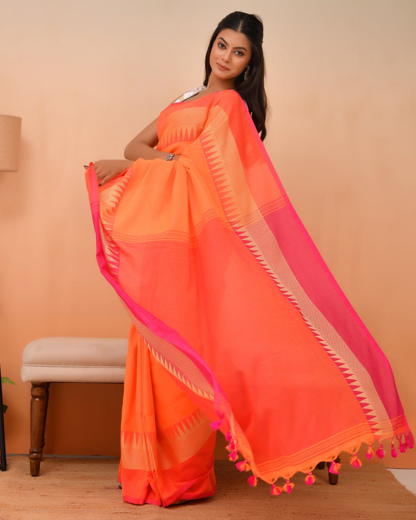Luminous Orange Temple Cotton Saree -  Geometric Zari | Timeless Textures