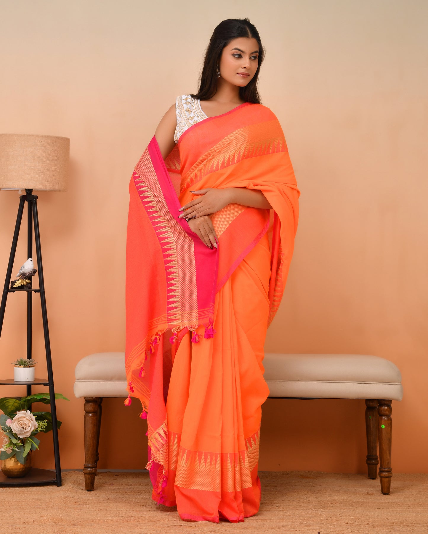 Luminous Orange Temple Cotton Saree -  Geometric Zari | Timeless Textures